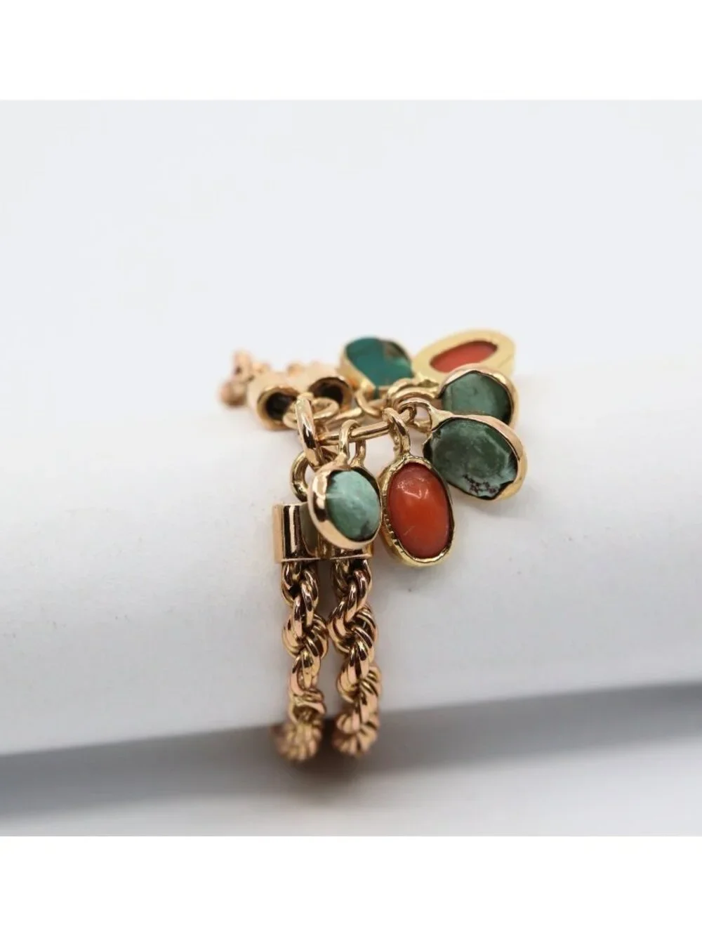 18K Solid Yellow Gold Coral & Turquoise Dangle Double Rope Chain Ring -Size 9.50